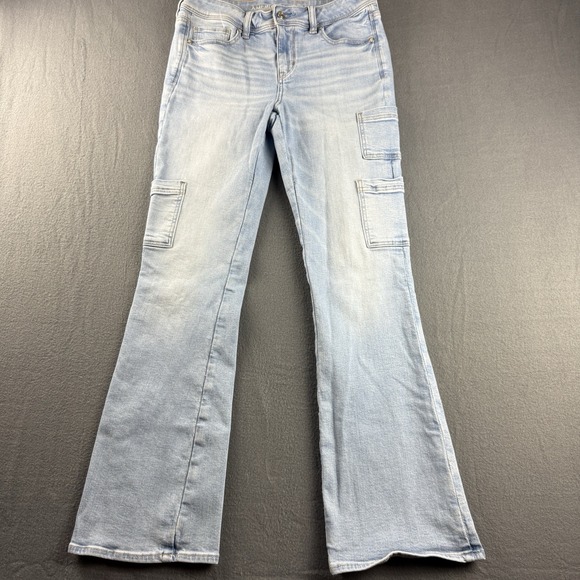 American Eagle Jeans Women's 8 Blue Kick Boot Cargo Pockets Light Wash Whiskered - Picture 2 of 14